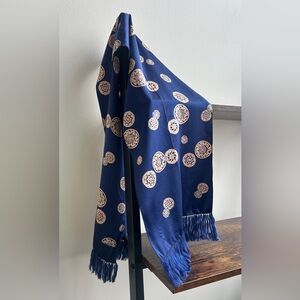 100% Silk Scarf Hangzhou Silk Mill Blue Ivory Medallion Fringe